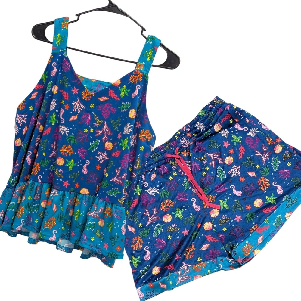 Coastal Mermaidcore Cuddl Duds Pajama Set Coral Print Ruffle Tank Shorts L